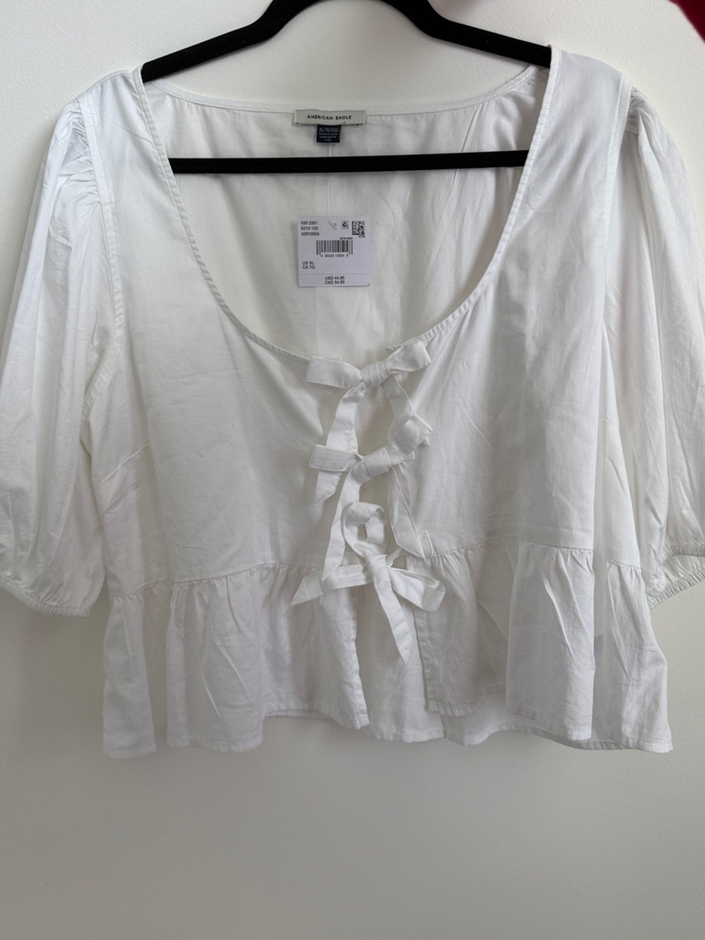NWT American Eagle Outfitters White Tie-Front Peasant Blouse XL
